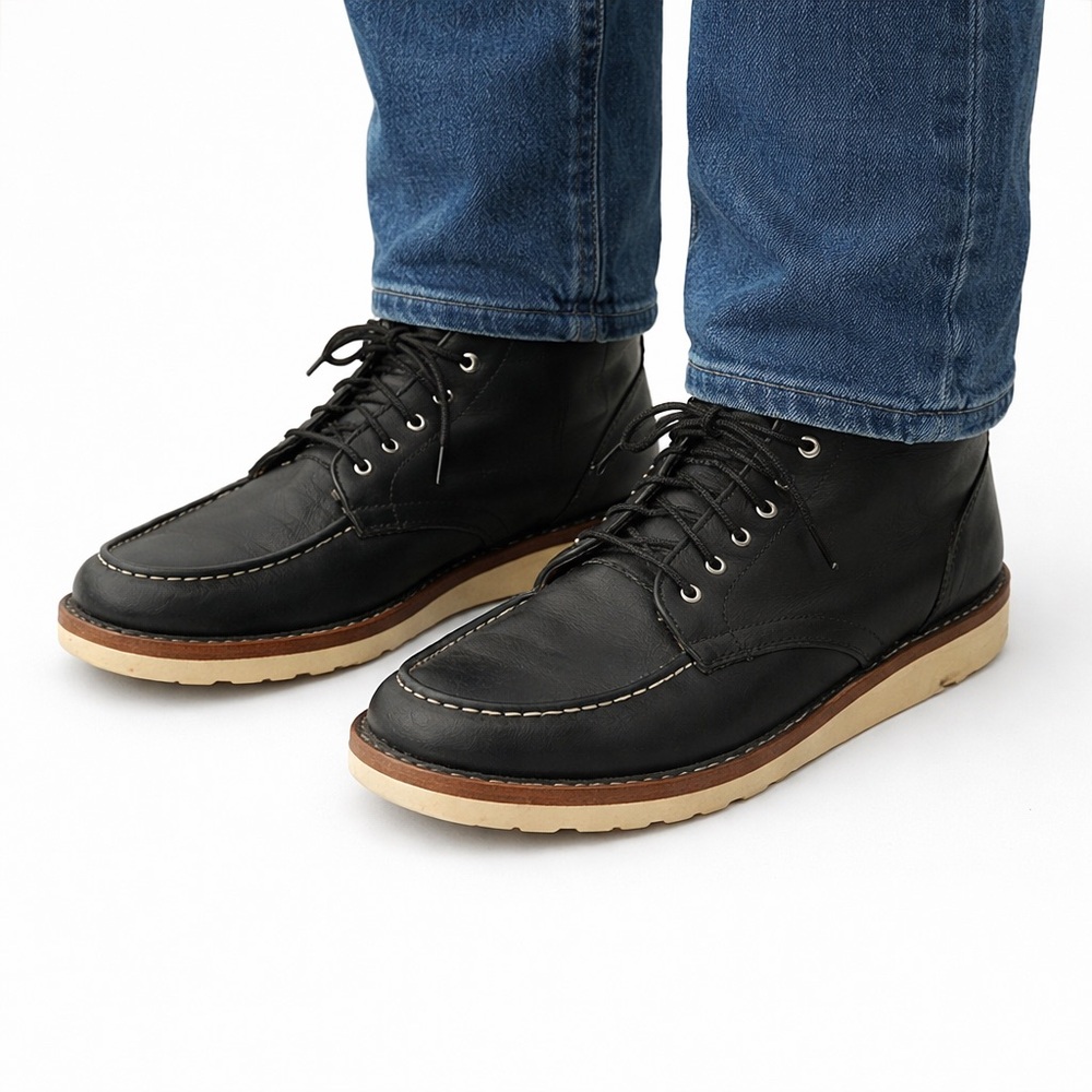 Size 6 Men’s Thursday Boot Co Diplomat Moc Toe Boots Black Leather Wedge Sole